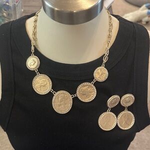 Gold Coin Pendant Necklace and Earring Set